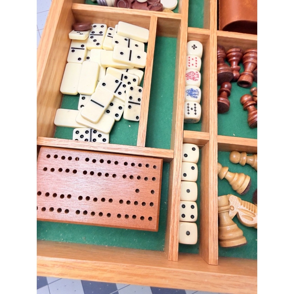 Vintage Wooden 5-in-1 Combo Game Set Chess Backgammon Cribbage Dominoes Checkers - Picture 10 of 12